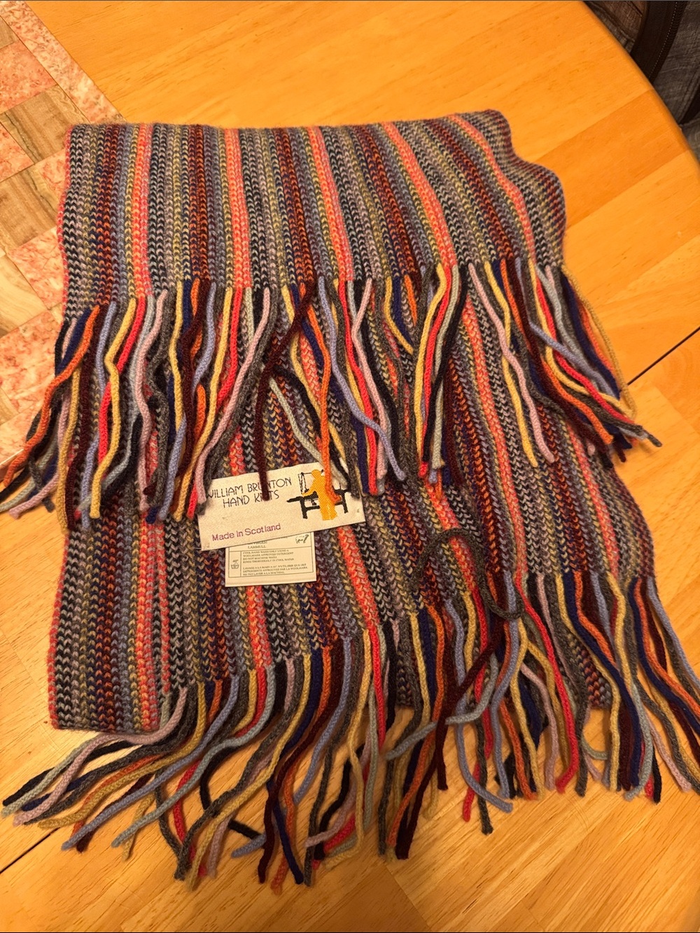 Vintage William Brunton Knit Lambswool Multicolor Fringe Scarf